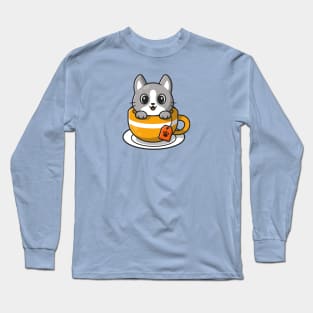 Cute Cat In Tea Cup Cartoon Long Sleeve T-Shirt